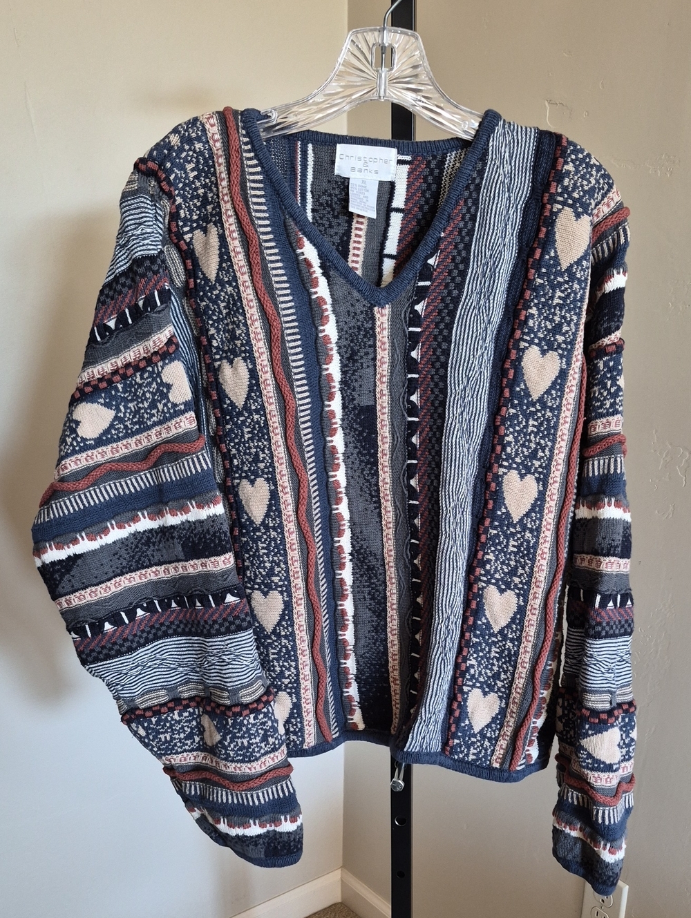 Vtg 90s Christopher Banks 3D Knit Heart Sweater XL Ramie Cotton Grandma Core